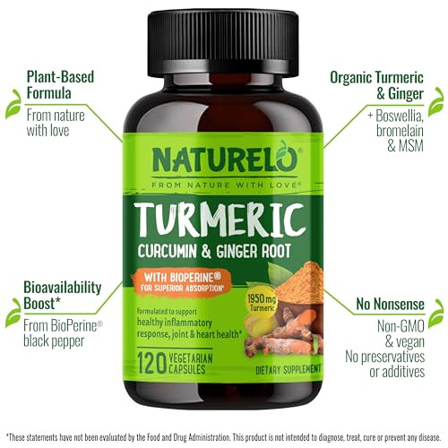 NATURELO Turmeric Curcumin - BioPerine for Better Absorption - Black Pepper, Ginger Root, Curcuminoids - Plant-Based Joint Discomfort Support - 120 V