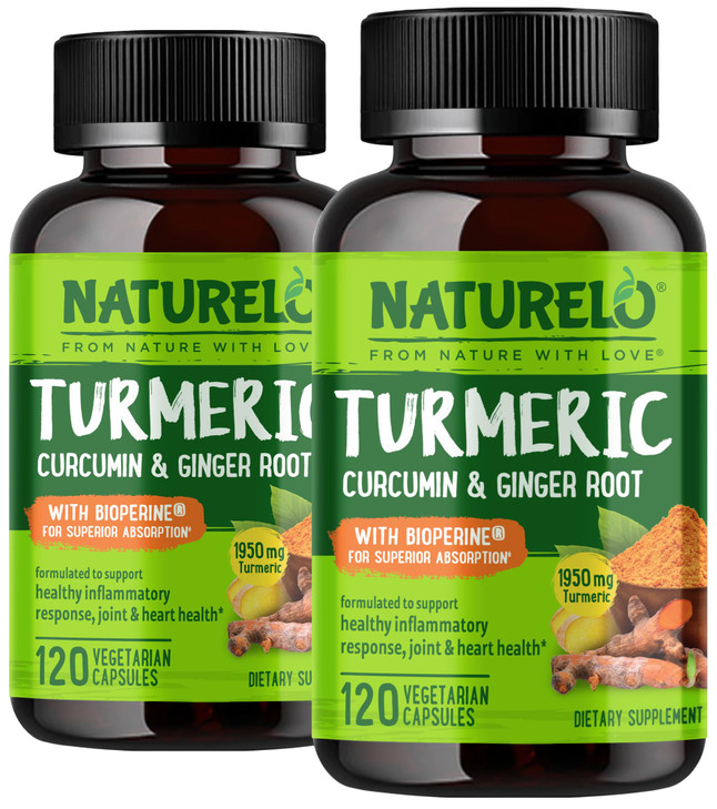 NATURELO Turmeric Curcumin - BioPerine for Better Absorption - Black Pepper, Ginger Root, Curcuminoids - Plant-Based Joint Discomfort Support - 120 V
