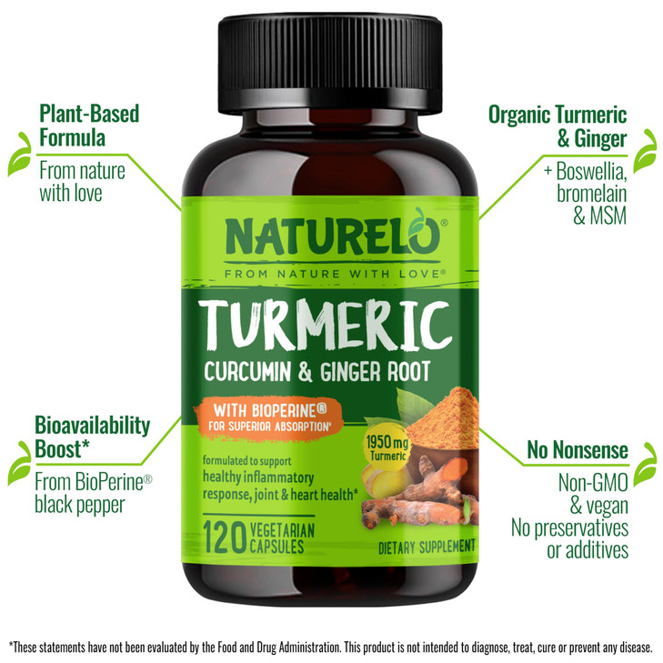 NATURELO Turmeric Curcumin - BioPerine for Better Absorption - Black Pepper, Ginger Root, Curcuminoids - Plant-Based Joint Discomfort Support - 120 V