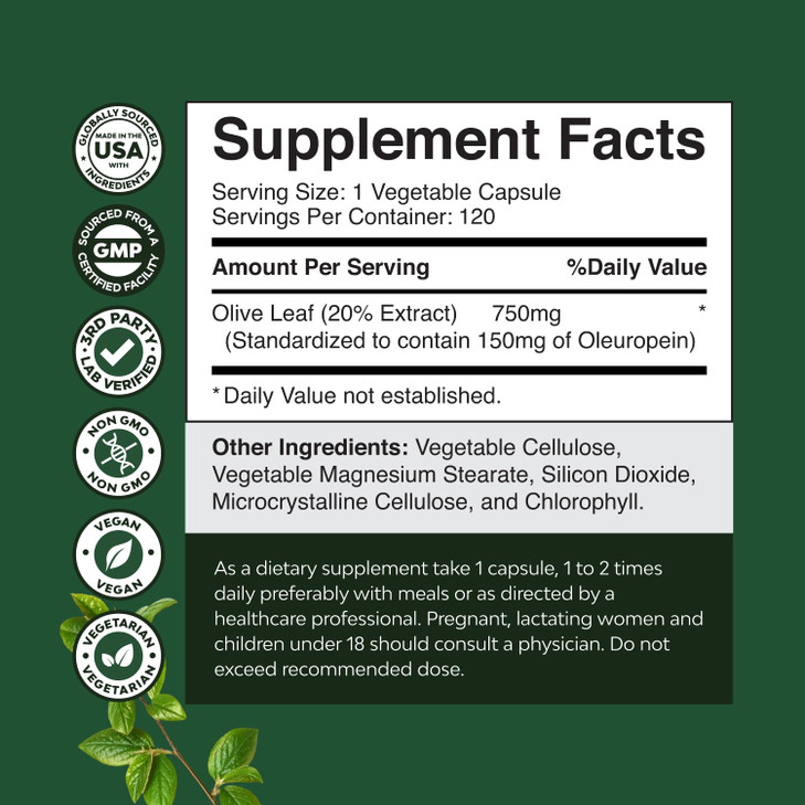 Potent Olive Leaf Extract Capsules - High Strength Antioxidant Supplement with Pure Olive Leaf with 20% Oleuropein - Herbal Heart Health Supplement -
