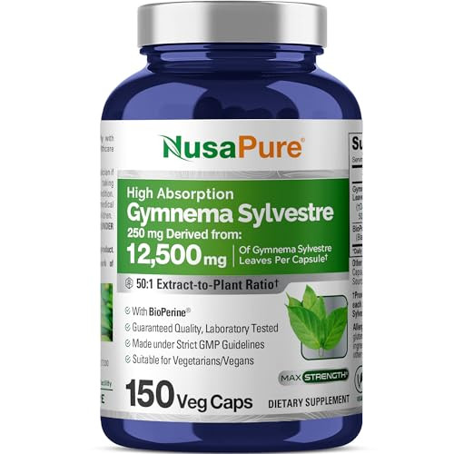 NusaPure Gymnema Sylvestre 50:1 Extract, 250 mg Equivalent to 12,500mg Per Vegan Caps - 150 Count (Non-GMO, Vegan, Bioperine)