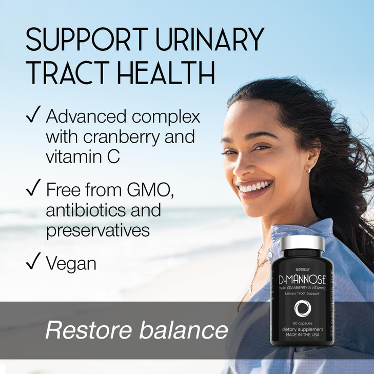 D-Mannose 1000mg Capsules - D Mannose with Cranberry Extract and Vitamin C - 60 Capsules 500mg High Strength - Urinary Tract Health for Women & Men -