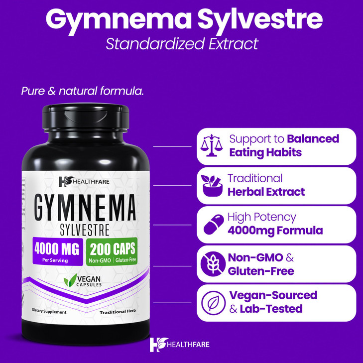 Healthfare Gymnema Sylvestre Supplement Extract 4000mg | 200 Vegan Capsules | Standardized Herbal Supplement for Metabolic Balance & Carbohydrate Sup