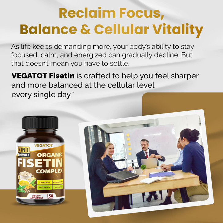 VEGATOT Organic Fisetin Complex 7-in-1 Formula | with Quercetin, Resveratrol, Ashwagandha, Maca Root, Turmeric, Black Pepper | 150 Capsules | Non-GMO