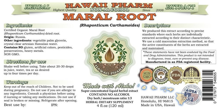 Hawaii Pharm Maral Alcohol-Free Liquid Extract, Maral (Rhaponticum Carthamoides) Dried Root Glycerite Natural Herbal Supplement, USA 2oz