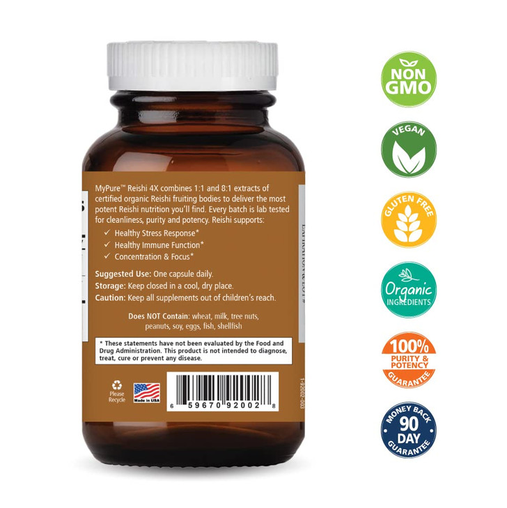 PURE ESSENCE LABS MyPure Reishi 4X Organic Mushrooms Supplement - 100% Real Mushroom Extract for Immune Support, Stress Relief, Build Energy (60 Caps