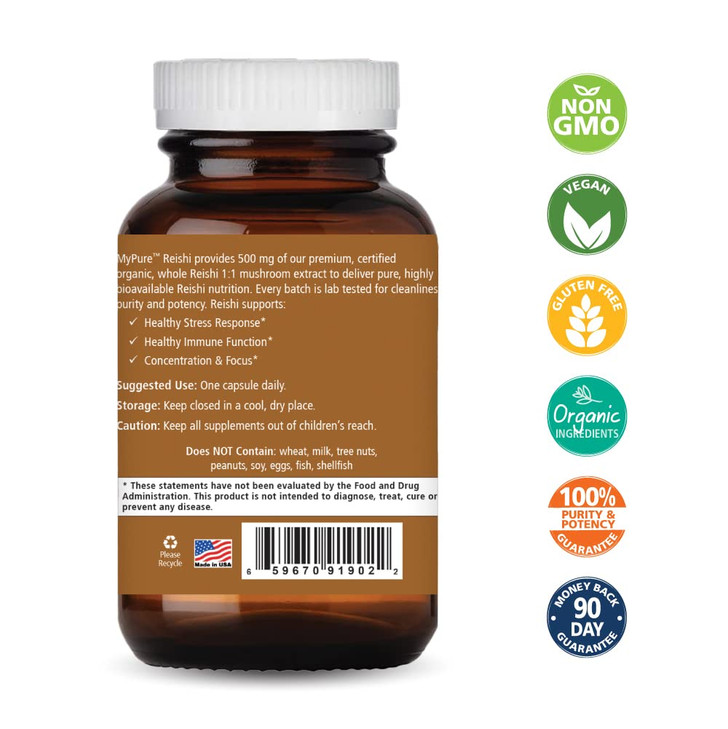 PURE ESSENCE LABS MyPure Reishi Organic Mushrooms Supplement - 100% Real Mushroom Extract for Immune Support, Stress Relief, Build Energy (60 Capsule