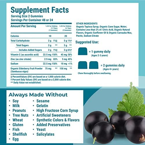 Hyland's Kids Organic Elderberry Plus Gummies, Organic Black Elderberry with ZINC and Vitamin C, Immune Support for Children, 48 Vegan Gummies