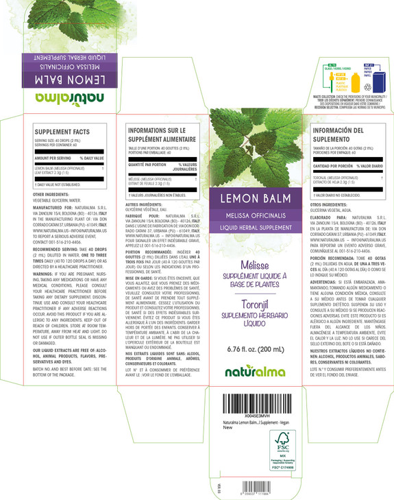 Naturalma Lemon Balm (Melissa officinalis) Leaf Alcohol-Free Tincture - 6.76 fl oz Liquid Extract in Drops - Herbal Supplement - Vegan