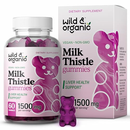 Wild & Organic Milk Thistle Gummies 1500mg - Herbal Supplement for Liver Cleanse Detox - Silymarin Milk Thistle Liver Detox Gummies - 60 Vegan, Non-G