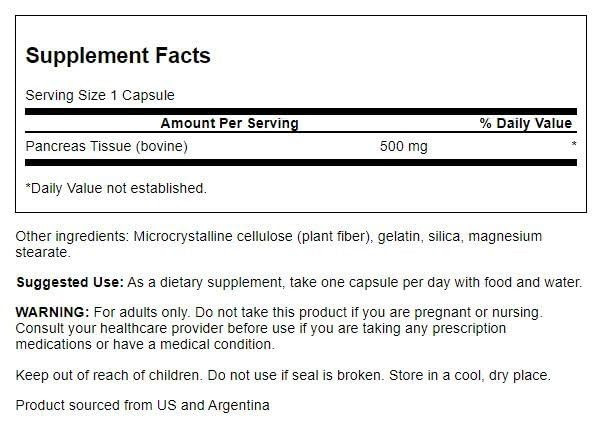 Swanson Raw Pancreas Glandular 500 Milligrams 60 Capsules