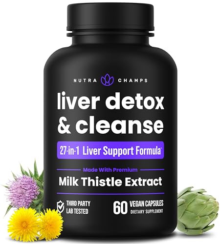 NutraChamps Liver Cleanse Detox & Repair Formula, 20+ Herbs: Milk Thistle Extract with Silymarin, Artichoke, Dandelion, Chicory Root Powder, Liver Su