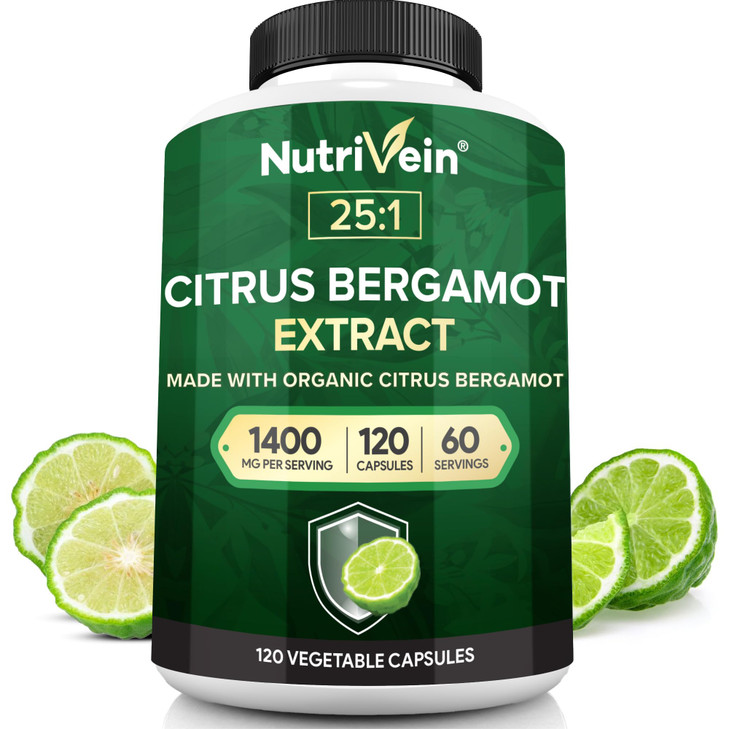Nutrivein Premium Citrus Bergamot Supplement 1400mg 25:1 Bergamia Extract - 60 Day Supply (120 Capsules): Powerful Italian Citrus Bergamot 1400 mg+ H