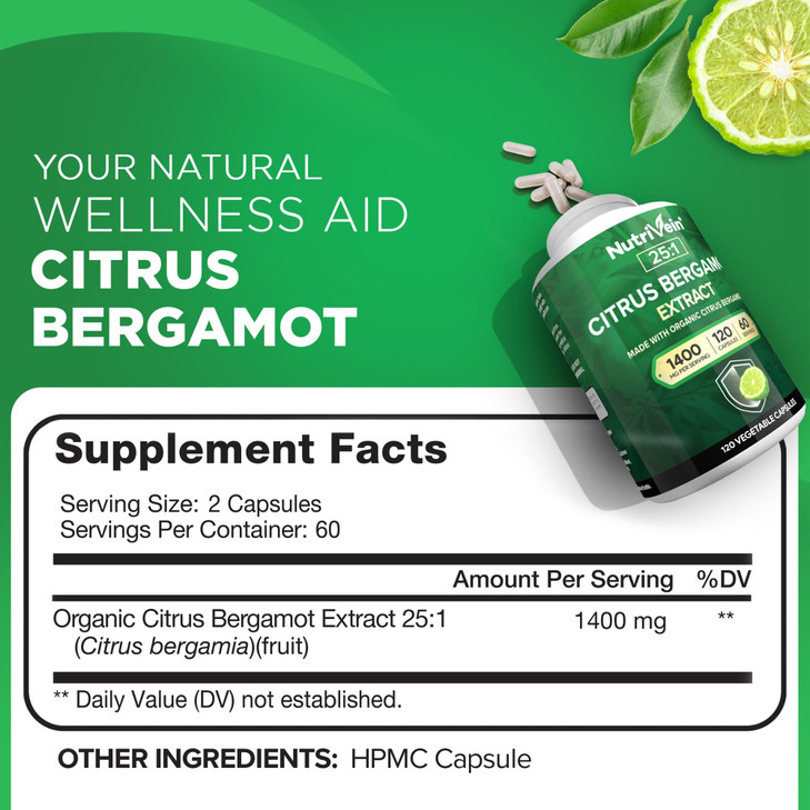 Nutrivein Premium Citrus Bergamot Supplement 1400mg 25:1 Bergamia Extract - 60 Day Supply (120 Capsules): Powerful Italian Citrus Bergamot 1400 mg+ H