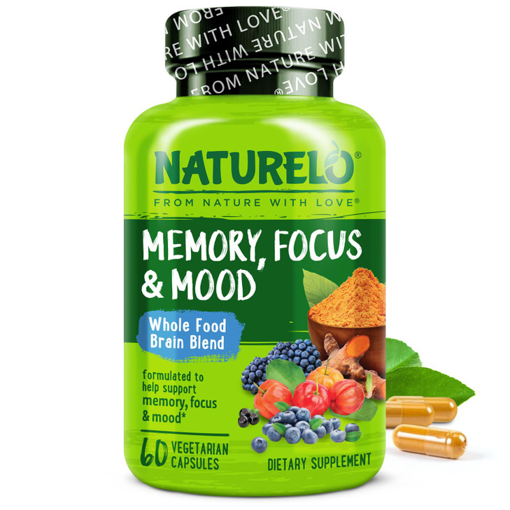NATURELO Whole Food Brain Supplement - Brain Health Supplements for Memory & Focus Support - Enhance Brain Health Blend Supplement for Adults - 60 Ve