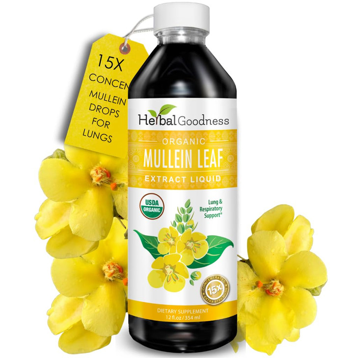 Herbal Goodness Mullein Drops for Lungs - Respiratory Support, Mullein Leaf Extract for Lungs, Bronchial & Lung Detox for Smokers, Organic Wild Mulle
