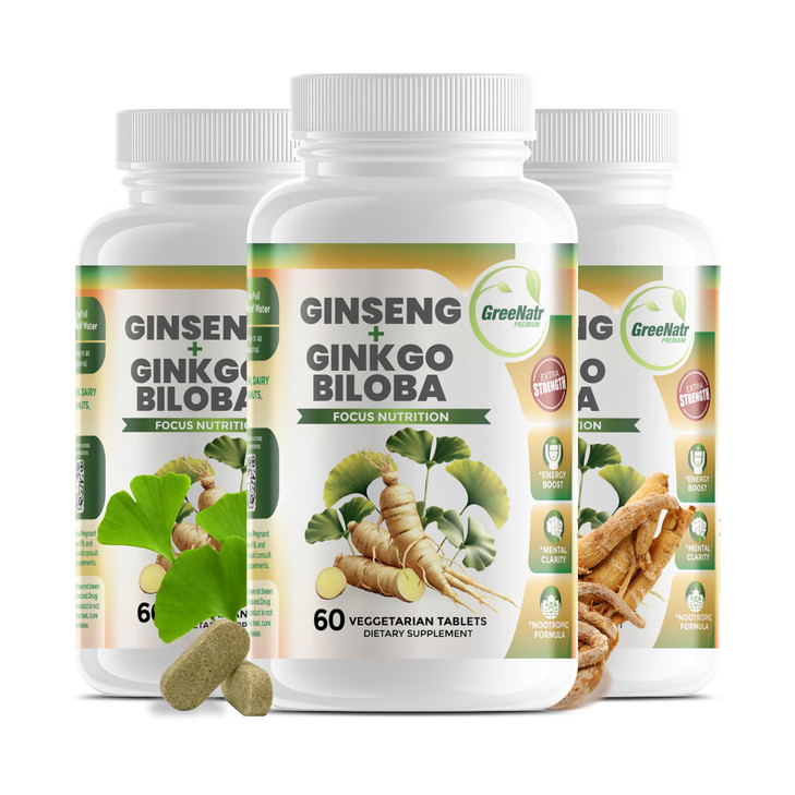 GreeNatr Ginko Biloba & Panax Ginseng Supplement - Red Ginseng Brain Supplement for Memory and Focus - Ginkgo Biloba Supplements for Good Vision, Imm