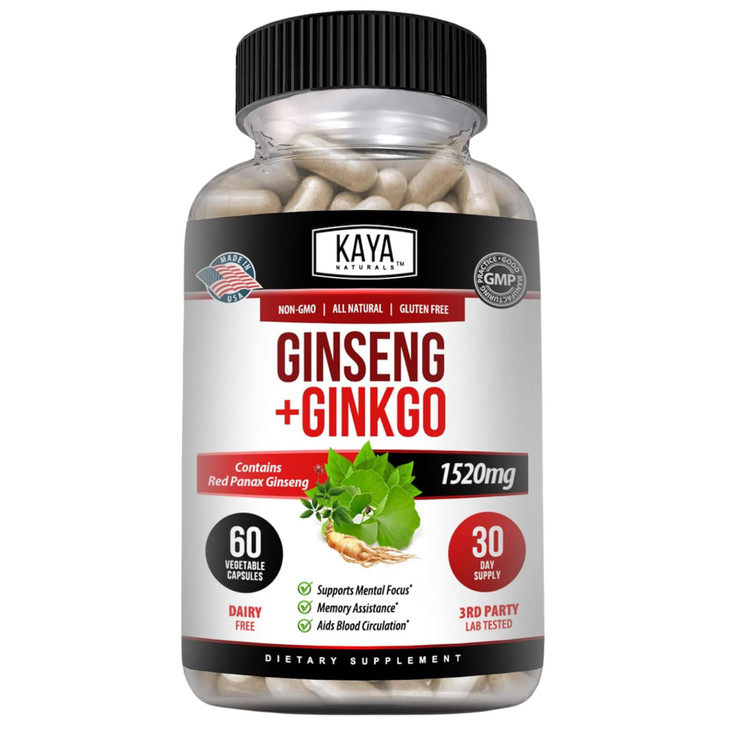Kaya Naturals Red Panax Ginseng + Ginkgo Biloba - Nootropic Brain Supplement - Cognitive and Concentration Support - Brain Booster, Focus, and Memory