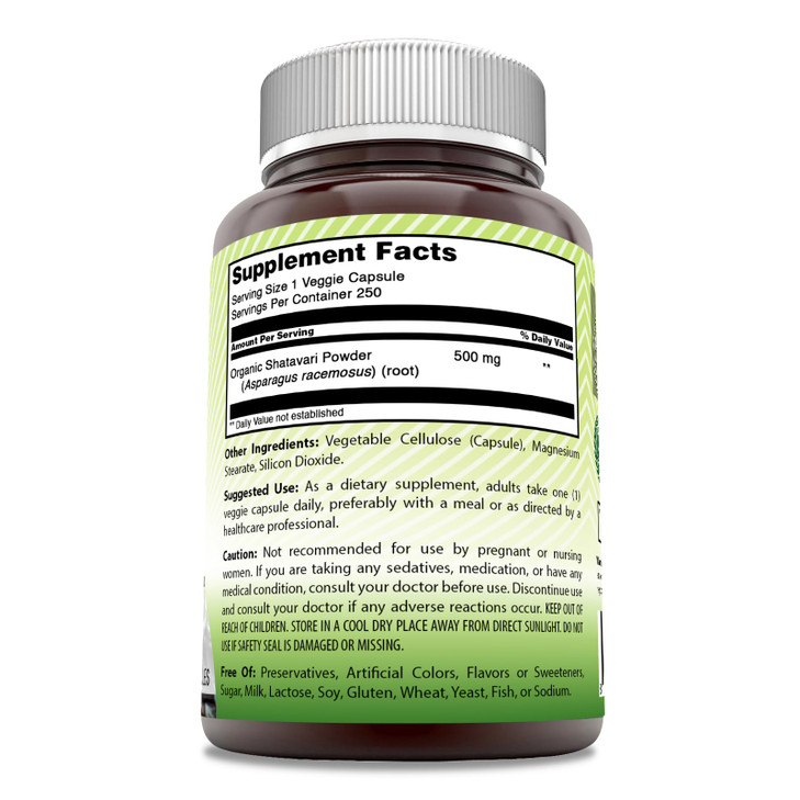 Amazing India Natural Shatavari 500 Mg per Serving 250 Veggie Capsules Supplement | Non-GMO | Gluten-Free