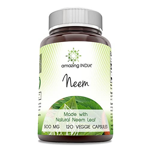 Amazing India Neem (Made with Natural Neem Leaf) Supplement | 500 Mg | 120 Veggie Capsules | Non-GMO | Gluten-Free | Made in USA