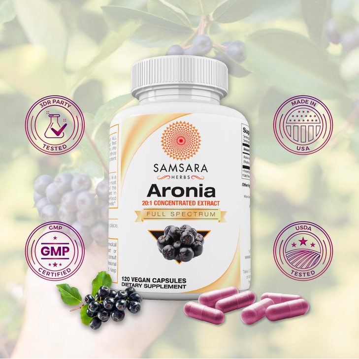 Samsara Herbs Aronia Berry 20:1 Extract (120x500mg Capsules) - Antioxidant, Flavonoids and Polyphenols Supplement - High ORAC - Native American Berry