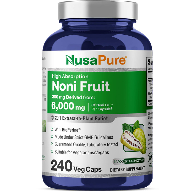 NusaPure Noni Fruit 20:1 Extract, 300 mg Equivalent to 6,000 mg 240 Capsules Suitable for Vegetarian/Vegan, Non-GMO