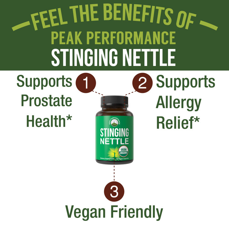 USDA Organic Stinging Nettle Vegan Capsules Made with Stinging Nettle Leaf Powder for Prostate, Hair Growth, Allergy. Better Than Root or Seed Extrac