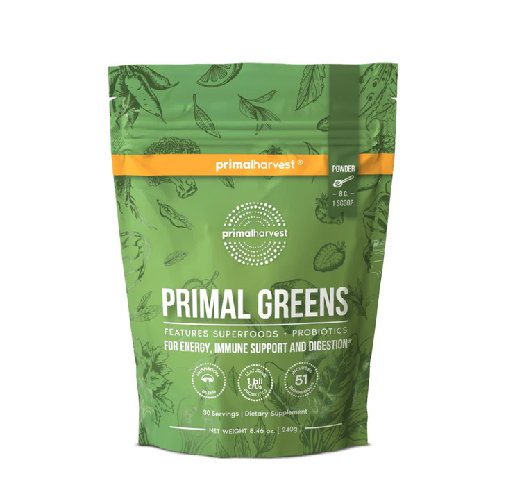 Primal Harvest Super Greens Powder, 30 Servings w/+50 Greens Superfood Chlorella, Probiotics, Green Tea, Wheatgrass, Kale, Turmeric for Energy,Primal