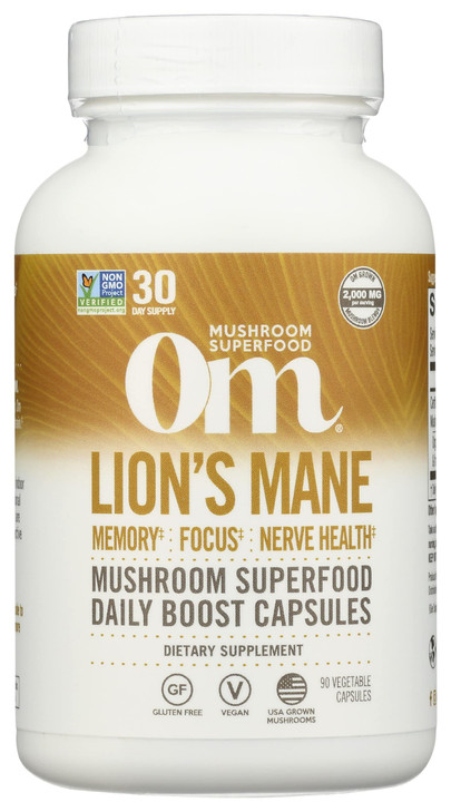 Om Mushroom Superfood Lion's Mane Mushroom Capsules Supplement, Fruit Body & Mycelium Nootropic for Memory Support, Focus, Clarity, Nerve Health, Cre