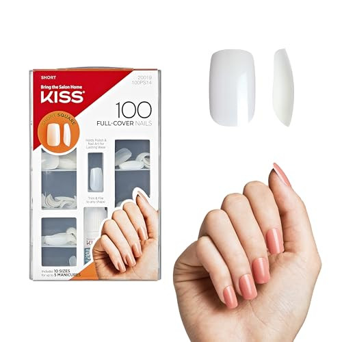 KISS Full-Cover Nails, Press On Nails, Nail glue included, 'Short Square', Clear, Short Size, Squoval Shape, Includes 100 Nails, 3g Glue