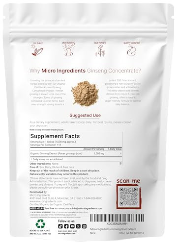 Micro Ingredients Maximum Strength Organic Korean Ginseng Root 200:1 Powder, 4 Ounce, Red Panax Ginseng Powder, Active Ginsenosides, Vegan Friendly