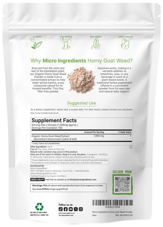 Maximum Strength Organic Pure Horny Goat Weed with Active Icariins for Men and Women, 100 Grams, Organic Epimedium Powder for Energy and Immune Syste
