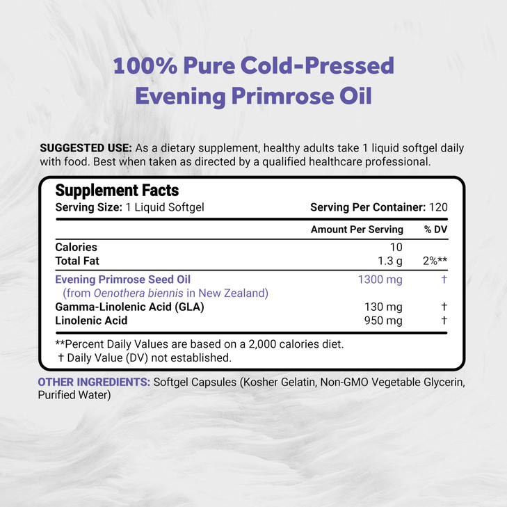 Naturalis Evening Primrose Oil (1300mg) | 100% Natural from New Zealand | Non-GMO, Soy & Gluten Free, Zero Filler | 120 Softgels