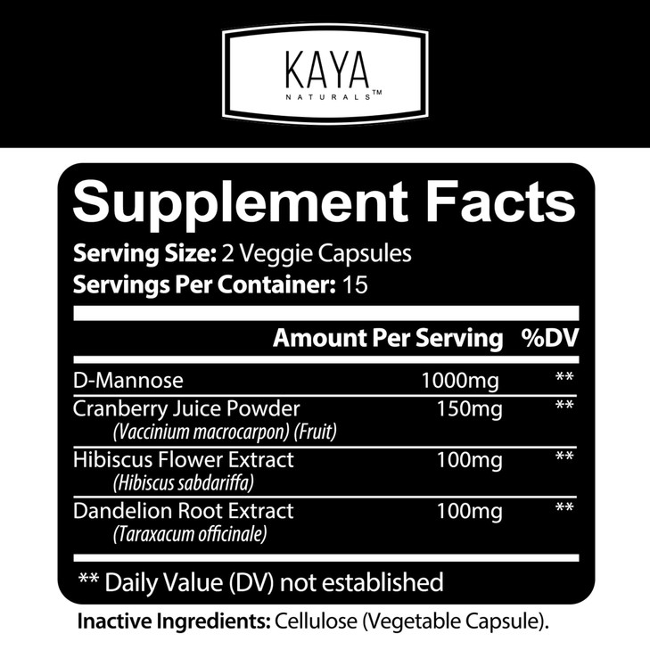 Kaya Naturals - D-Mannose - Urinary Tract UT Cleanse & Bladder Health - Made with Cranberry, Hibiscus & Dandelion Root - D Mannose Capsules Cranberry
