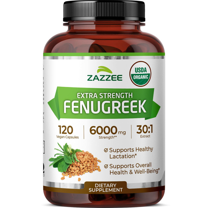 Zazzee USDA Organic Fenugreek 30:1 Extract, 6000 mg Strength, 120 Vegan Capsules, 4 Month Supply, Standardized and Concentrated 30X Extract, 100% Veg