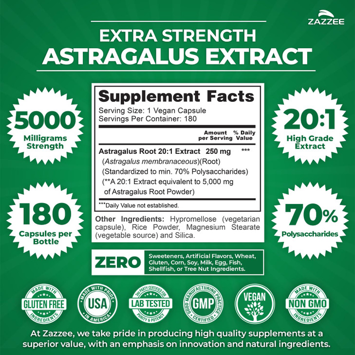 Zazzee Extra Strength Astragalus Root 20:1 Extract, 5000 mg Strength, 70% Polysaccharides, 180 Vegan Capsules, 6 Month Supply, 100% Vegetarian, Stand