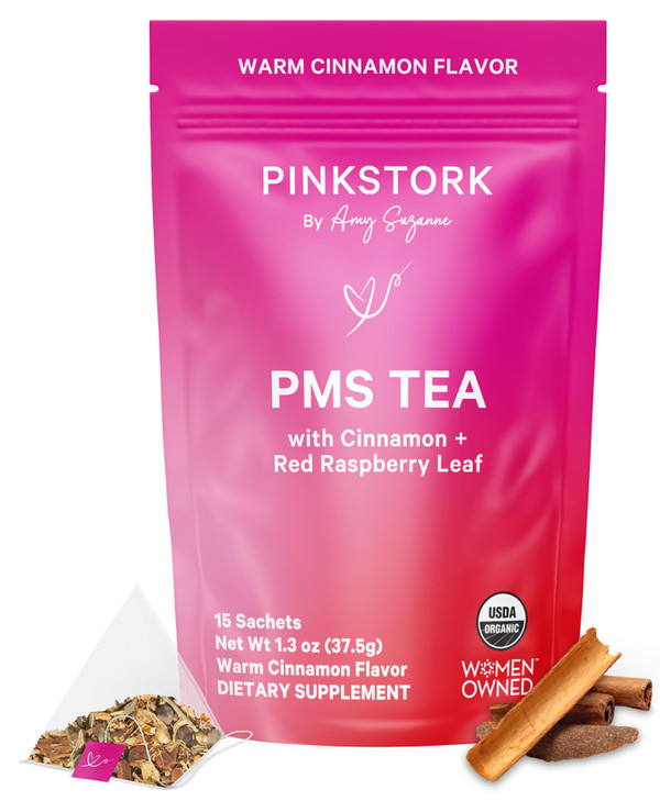 Pink Stork Organic PMS Tea for Hormone Balance, Mood Swings, Bloating, and Period Regularity - 8 Herbs - Vitex, Red Raspberry Leaf, Chamomile - Caffe