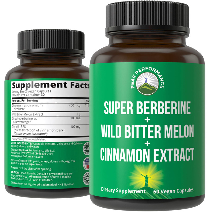 Ultra High Strength 4-in-1 Super Berberine Patented GlucoVantage + Wild Bitter Melon + Cinnamon Extract + Chromium Picolinate Vegan Capsules. Great S