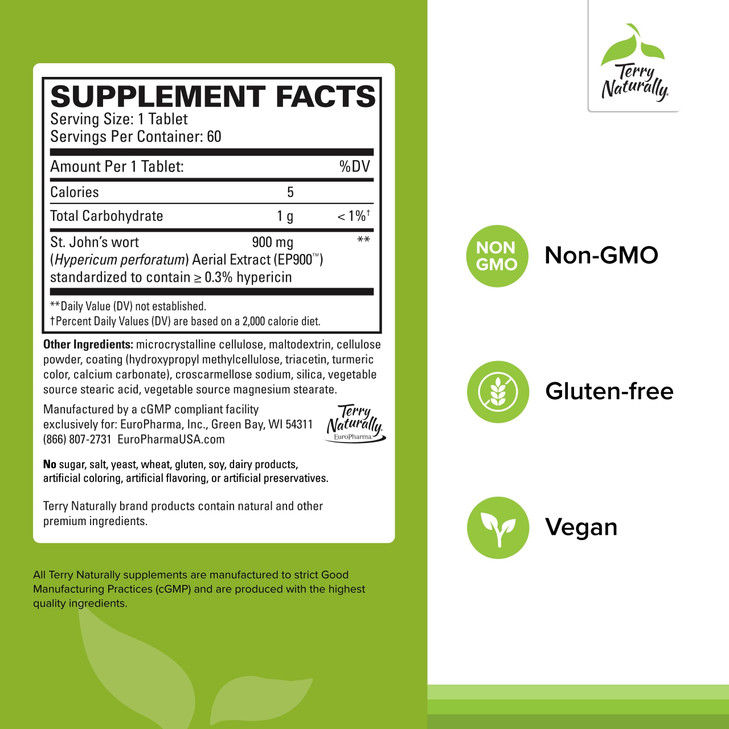 Terry Naturally St John's Wort 900-60 Tablets - Provides Full Clinical Dose - Non-GMO, Vegan, Gluten Free - 60 Servings
