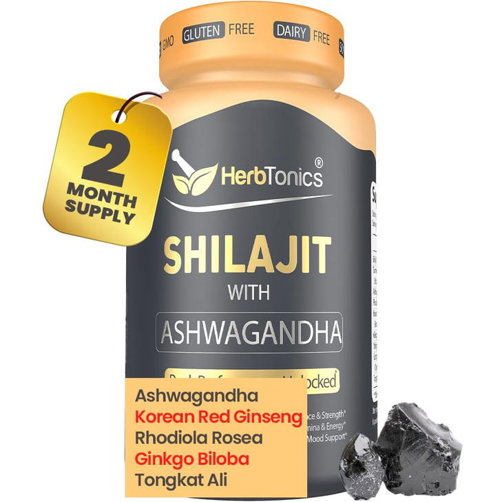Herbtonics Shilajit for Men & Women with Ashwagandha, Korean Red Ginseng, Rhodiola Rosea, Ginkgo Biloba, Tongkat Ali | Fulvic Acid & Trace Minerals f