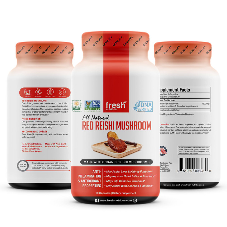 Fresh Nutrition Organic Reishi Mushroom Capsules - Rich in Alpha Glucan - Ganoderma Lucidum & Ganoderma Applanatim - Third Party Tested - 90 Capsules