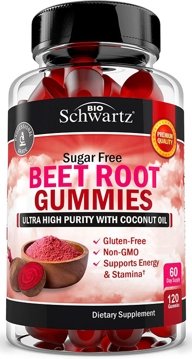 Sugar Free Beet Root Gummies - Nitric Oxide Gummies Infused with Coconut Oil for Highest Absorption - Supports Energy & Whole Body Health - Delicious