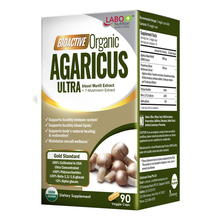 LABO Nutrition Bioactive Organic Agaricus Ultra - 7 Mushroom Extract Supplement Agaricus blazei Murill Cordyceps, Maitake, Turkey Tail, Lingzhi, Shii