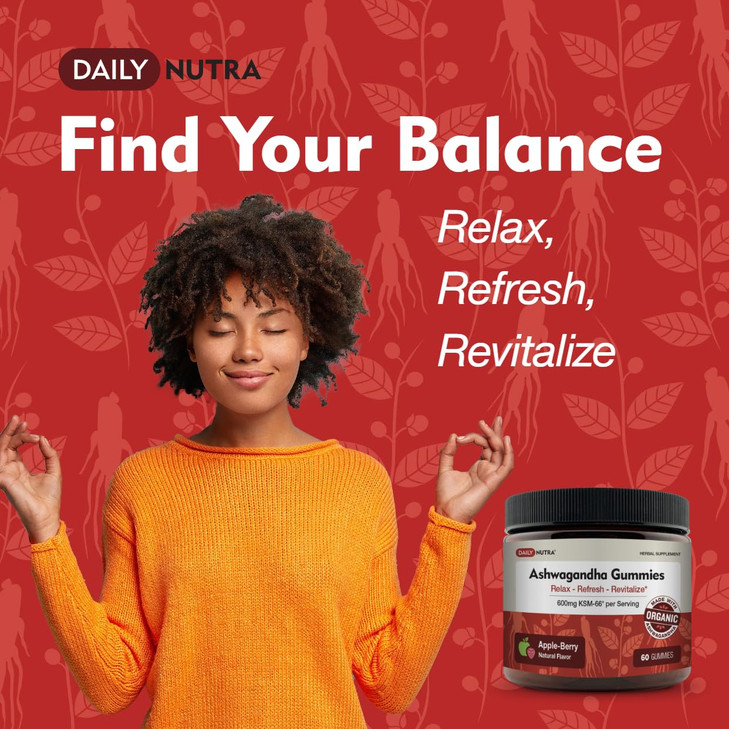 KSM-66 Ashwagandha Gummies - 600mg Organic Root Extract per Serving - Delicious Natural Apple-Berry Flavor | Supports Relaxation, Focus, & Energy (60