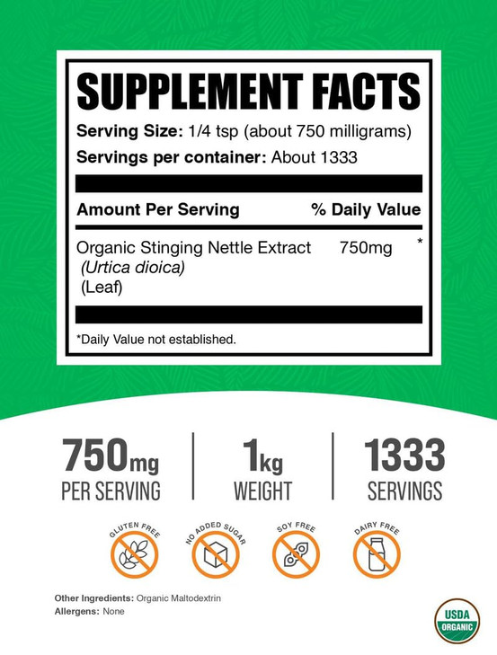 BulkSupplements.com Organic Stinging Nettle Extract Powder - Nettle Leaf Extract, Herbal Supplement - Vegan & Gluten Free, 750mg per Serving, 1kg (2.