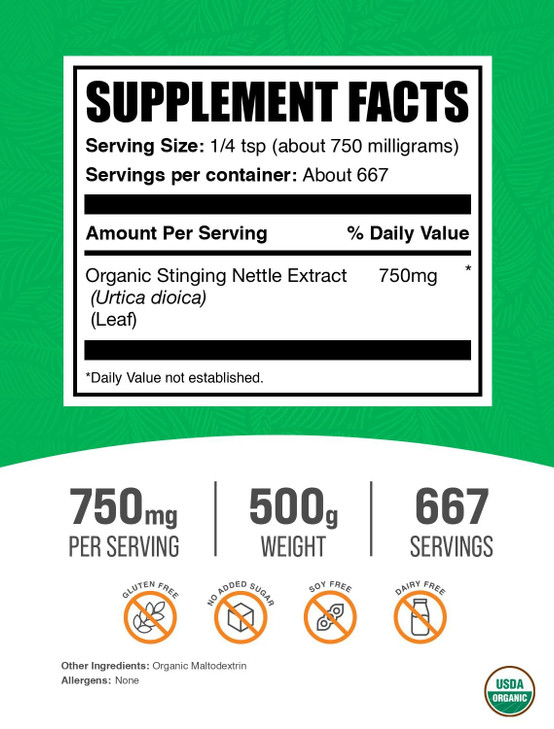 BulkSupplements.com Organic Stinging Nettle Extract Powder - Nettle Leaf Extract, Herbal Supplement - Vegan & Gluten Free, 750mg per Serving, 500g (1