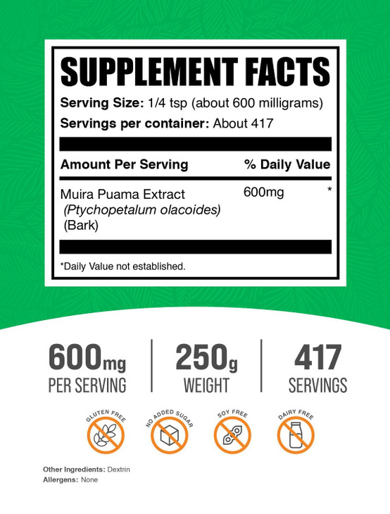 BulkSupplements.com Muira Puama Extract Powder - Muira Puama Supplement, from Muira Puama Bark - Herbal Supplement, Gluten Free, 600mg per Serving, 2