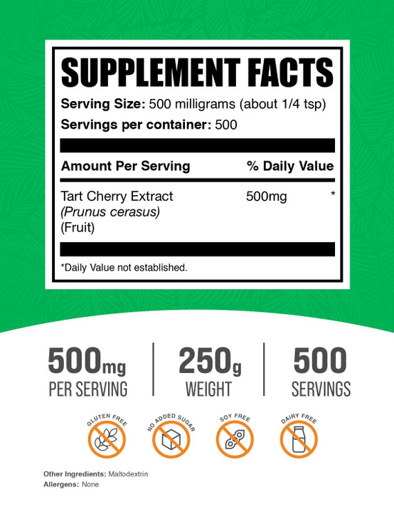 BulkSupplements.com Tart Cherry Extract Powder - Tart Cherry Supplement, Herbal Supplement - Antioxidant Source, Gluten Free, 500mg per Serving, 250g