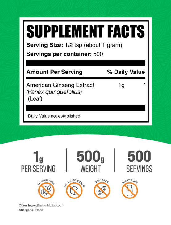 BulkSupplements.com American Ginseng Extract Powder - Ginseng Supplement, Herbal Supplements - Gluten Free, 1g per Serving, 500g (1.1 lbs) (Pack of 1