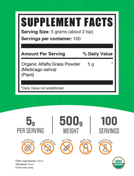 BulkSupplements.com Organic Alfalfa Grass Powder - Alfalfa Supplement, Green Superfood Powder - Vegan & Gluten Free, 5g per Serving, 500g (1.1 lbs) (
